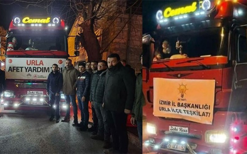 AKP Urla İlçe Teşkilatı kaymakamlığın yardım TIR'ına kendi pankartını astı!