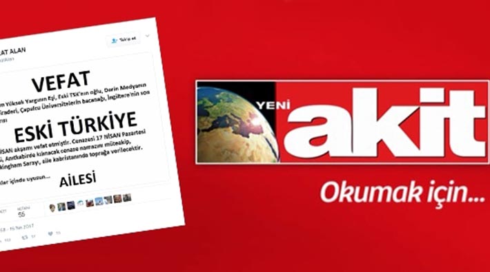 Akit cumhuriyetin ölüm ilanını yayımladı