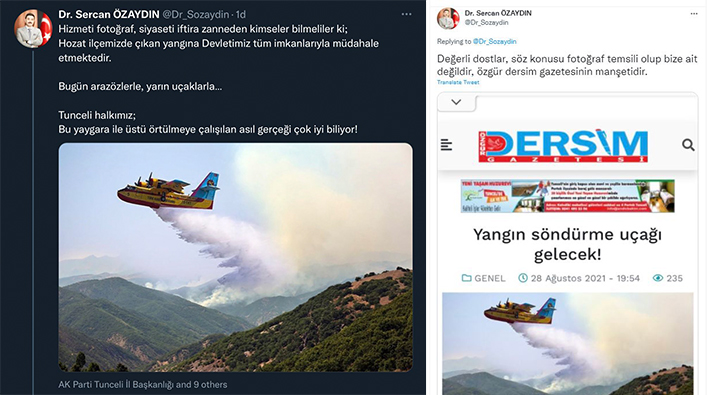 AKP’li il başkanı Dersim'deki yangını 'photoshop' ile söndürdü: Önce ‘iftira’ sonra ‘temsili’ dedi
