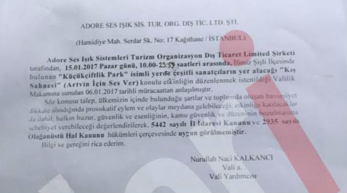 İstanbul Valiliği'nden Artvin Cerattepe konserine yasak