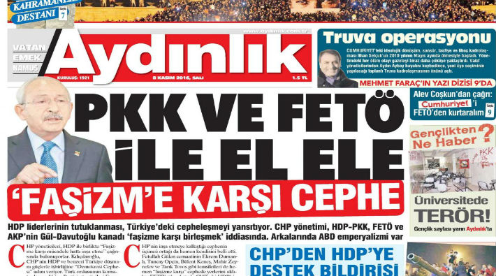 Aydınlık'tan saraya manşetten destek: 'CHP, PKK ve FETÖ Türkiye düşmanı cephede birleşti' iddiası