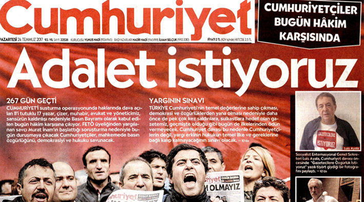 Cumhuriyet Gazetesi, 'Adalet istiyoruz' manşetiyle çıktı