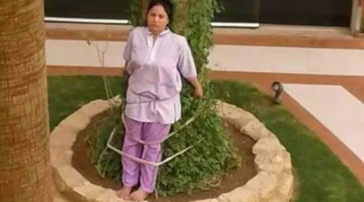 Suudi patron Filipinli temizlik işçisini ağaca bağladı!