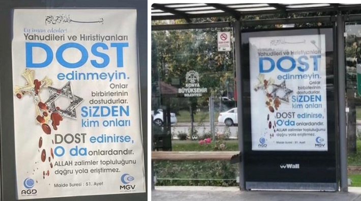 Konya'da otobüs duraklarına nefret söylemi içerikli afişler asıldı: 'Hristiyanları ve Yahudileri dost edinmeyin'